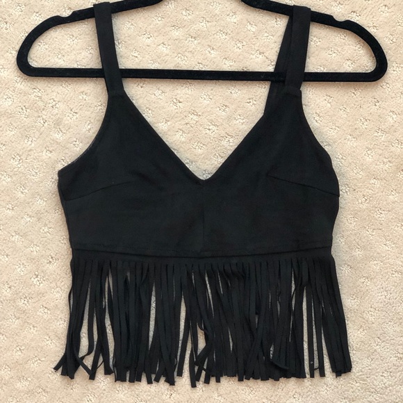 Topshop Tops - Topshop Black Suede Fringe Top